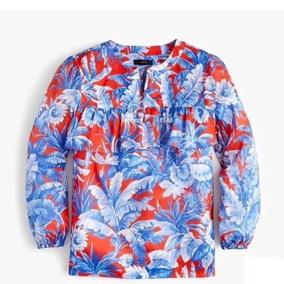 NWT J. Crew Ratti Red Orange & Light Blue Floral Blouse w/ Ruffle - XS P - Picture 2 of 12